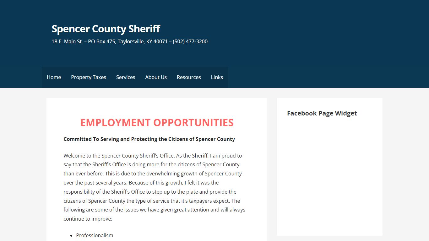 Spencer County Sheriff – 18 E. Main St. – PO Box 475, Taylorsville, KY ...